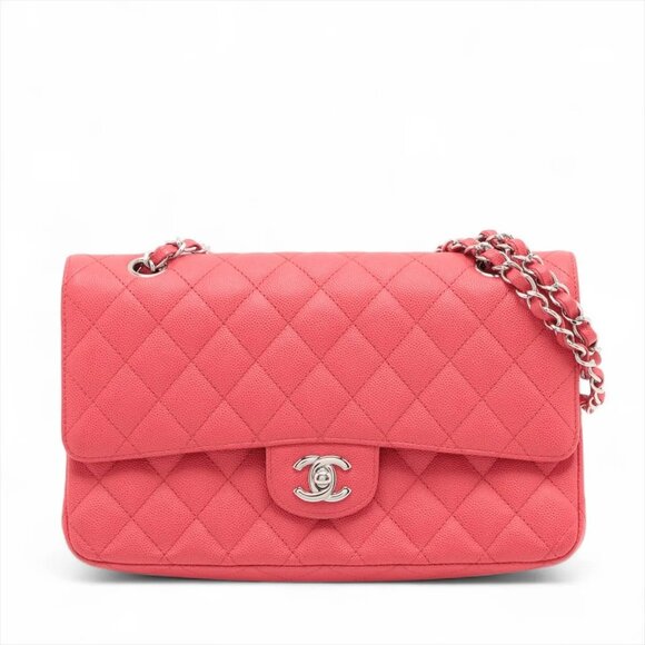 Chanel Matelasse 25 Caviar Skin Double Flap Double Chain Bag Red Silver Metal - Picture 1 of 16